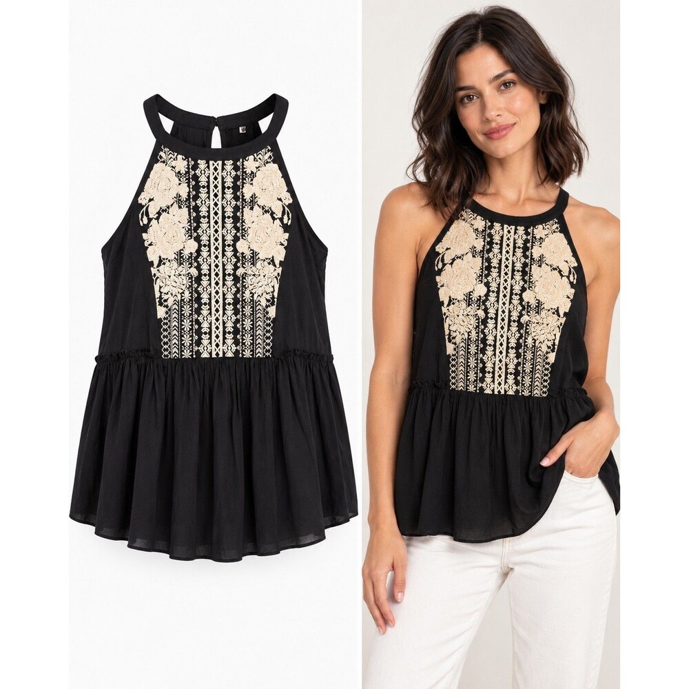 Andree by Unit Black Ivory Floral Embroidered Halter Tunic Top S Rayon Boho